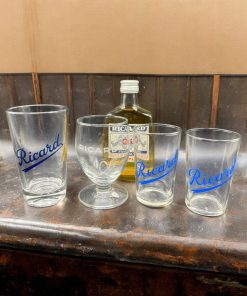 Ensemble lot Ricard – Objets publicitaires – 4 verres différentes formes et époques + mignonette – Décoration – Collection – Pastis – Bistrot – Bar – Café